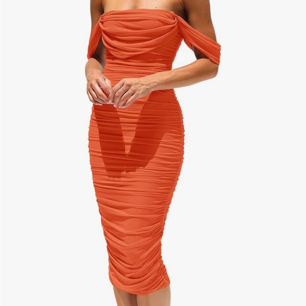 Women's Summer Off The Shoulder Ruched Bodycon Fitted Party Club Midi Dress
